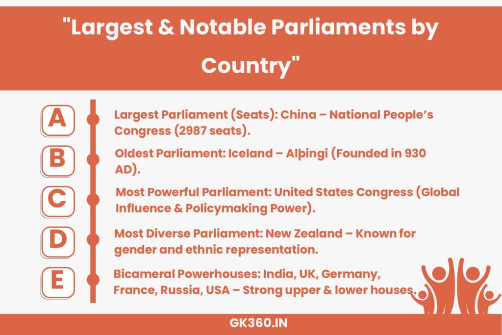 Infographic showcasing the largest, oldest, and most powerful parliaments worldwide.