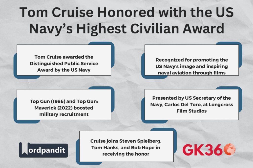 Tom Cruise receives the US Navy’s highest civilian award for his contribution to military awareness.