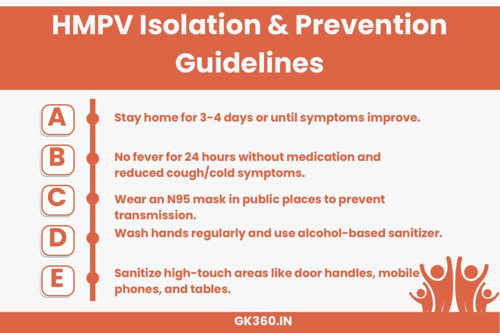 HMPV isolation and prevention guidelines, including isolation duration, mask usage, and hygiene practices.