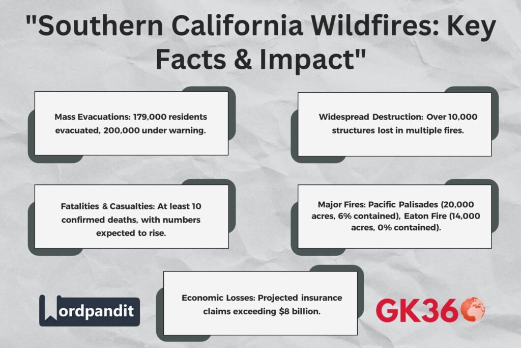 Southern California wildfires cause mass evacuations, destruction, and fatalities.