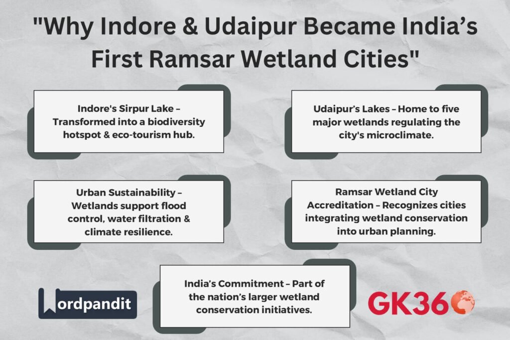 Infographic on why Indore & Udaipur became India’s first Ramsar Wetland Cities.