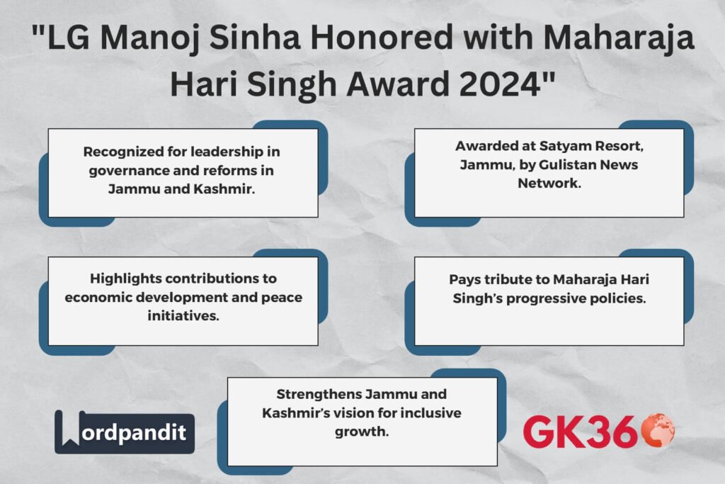 LG Manoj Sinha receiving Maharaja Hari Singh Award 2024 for leadership and governance.